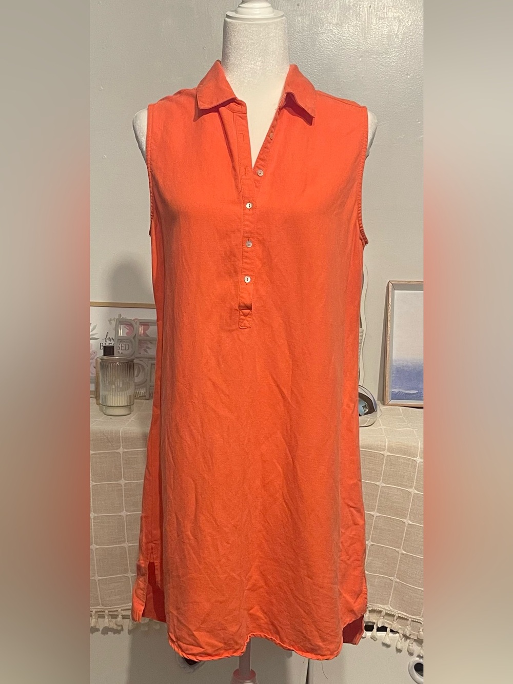 Sleeveless Collared Swim Cover-Up Dress in Orange size 10 58% linen - Picture 5 of 13